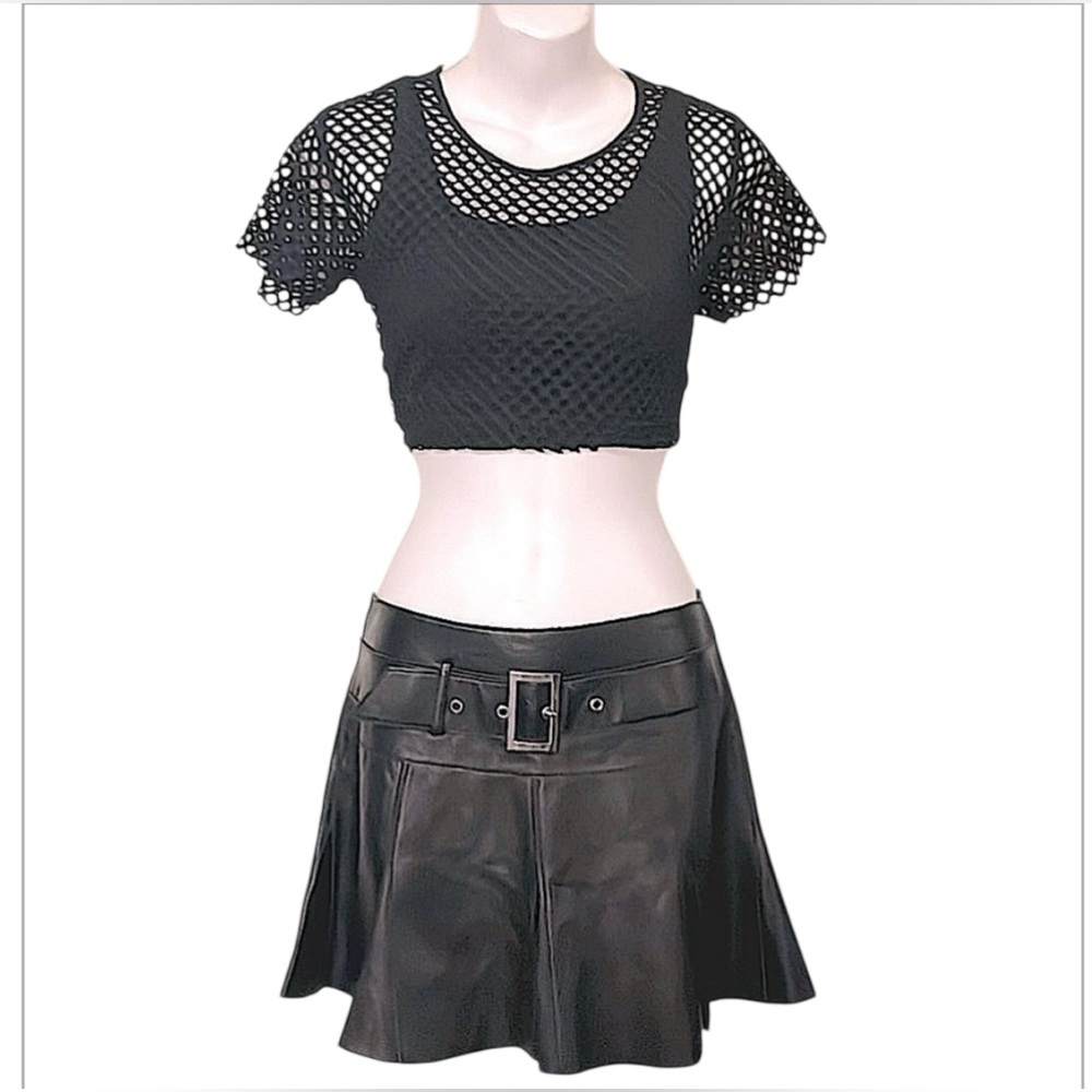 bebe Women’s Black Leather Vintage Paneled Lowrise Skater Festival Mini Skirt 2